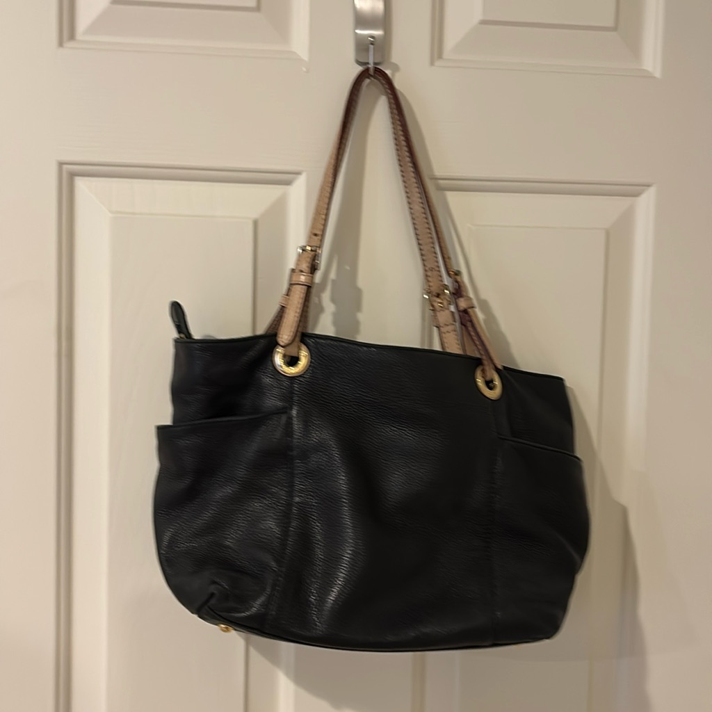 Michael Kors Purse Black Leather With Tan Handles